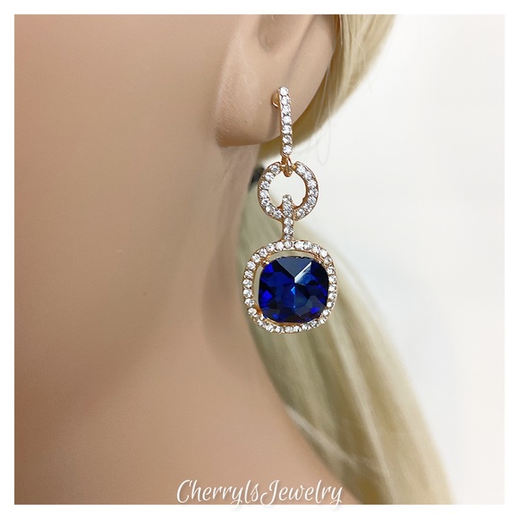 Blue Crystal Rhinestone Special Occasion Earrings - Picture 3 of 6
